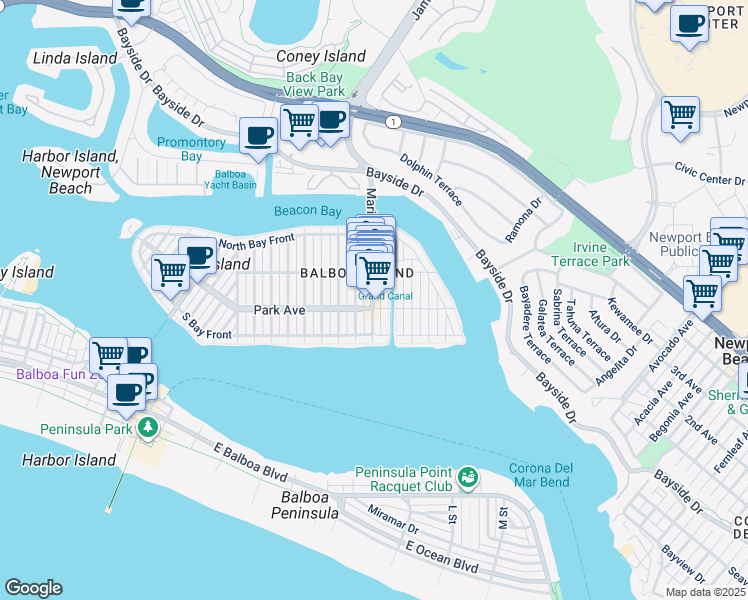 map of restaurants, bars, coffee shops, grocery stores, and more near 204 Marine Ave in Newport Beach