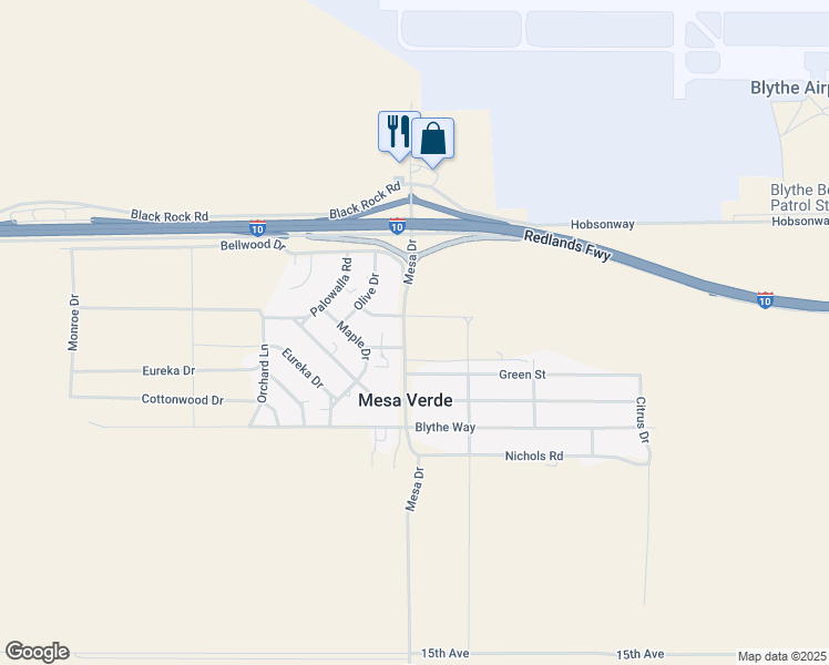 map of restaurants, bars, coffee shops, grocery stores, and more near Mesa Drive in Blythe