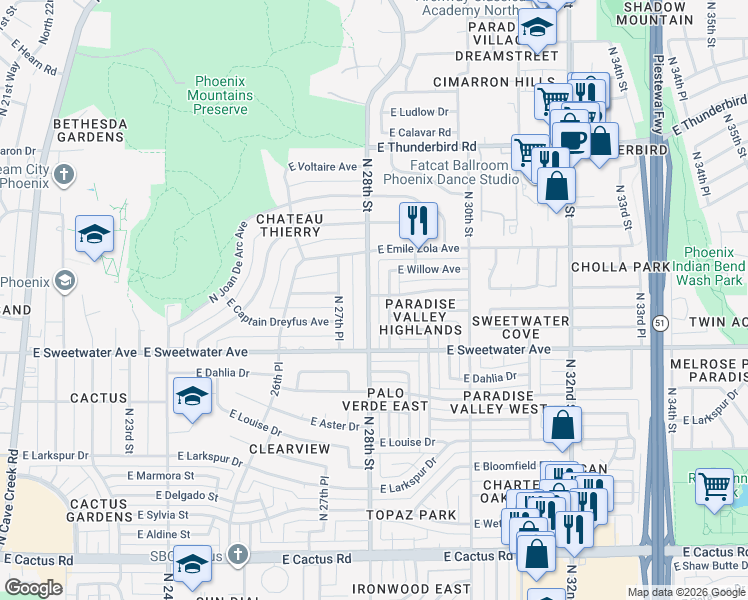 map of restaurants, bars, coffee shops, grocery stores, and more near 13049 North 28th Street in Phoenix