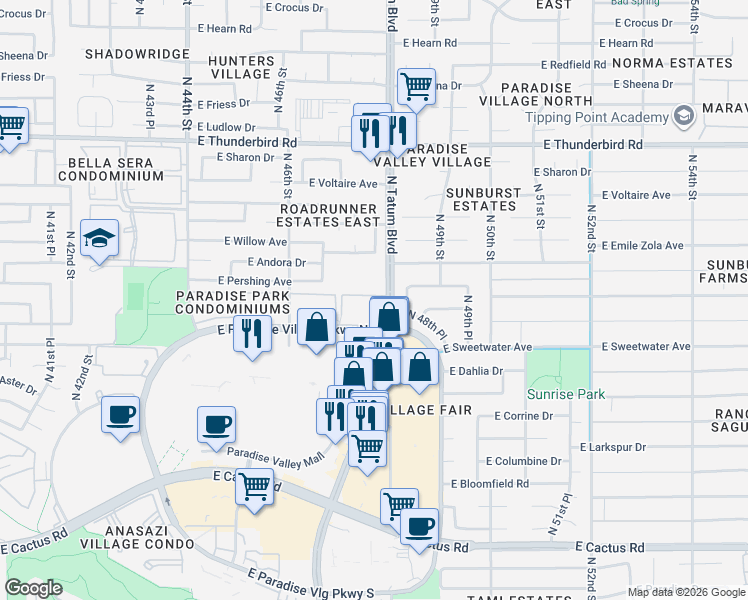 map of restaurants, bars, coffee shops, grocery stores, and more near 4704 East Paradise Village Parkway North in Phoenix