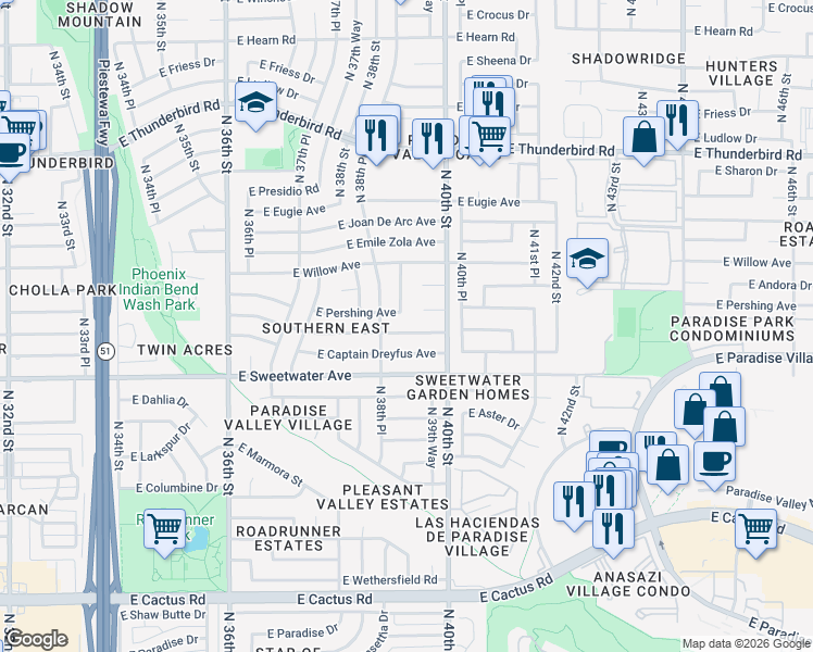 map of restaurants, bars, coffee shops, grocery stores, and more near 3902 East Surrey Avenue in Phoenix