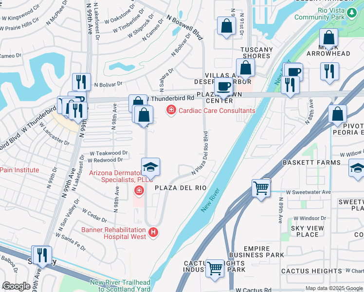 map of restaurants, bars, coffee shops, grocery stores, and more near 13310 North Plaza Del Rio Boulevard in Peoria