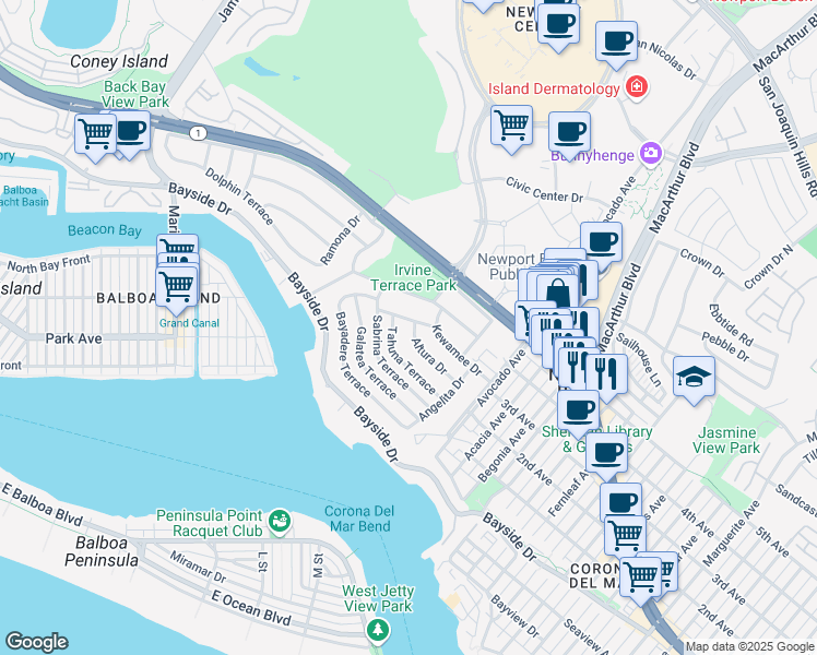 map of restaurants, bars, coffee shops, grocery stores, and more near 1901 Altura Drive in Newport Beach