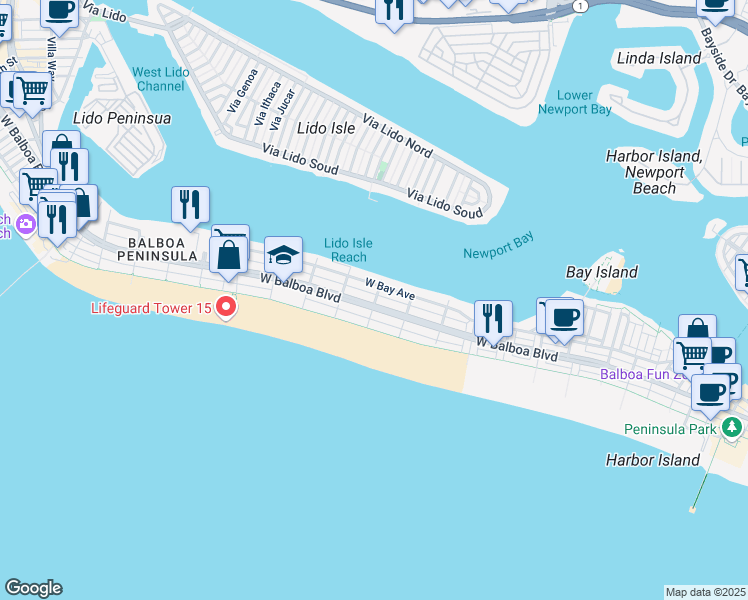 map of restaurants, bars, coffee shops, grocery stores, and more near in Newport Beach