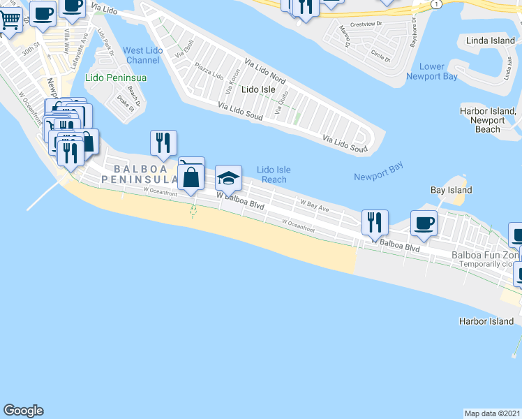 map of restaurants, bars, coffee shops, grocery stores, and more near 1209 West Balboa Boulevard in Newport Beach