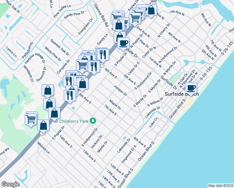 map of restaurants, bars, coffee shops, grocery stores, and more near 619 Cypress Drive in Surfside Beach