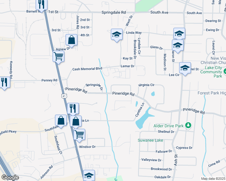 map of restaurants, bars, coffee shops, grocery stores, and more near 506 Pineridge Road in Forest Park