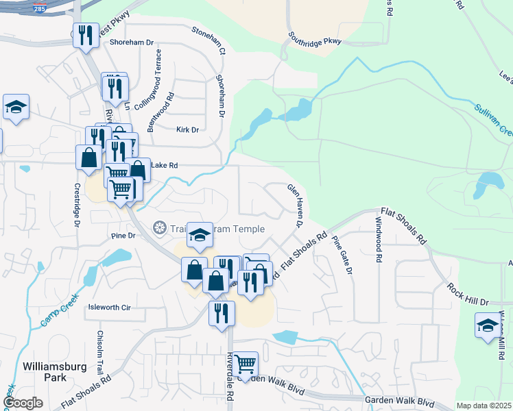 map of restaurants, bars, coffee shops, grocery stores, and more near 5446 Waterfall Court in Atlanta