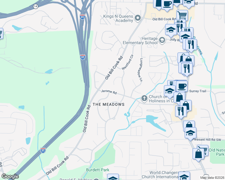 map of restaurants, bars, coffee shops, grocery stores, and more near 2825 Jerome Road in Atlanta