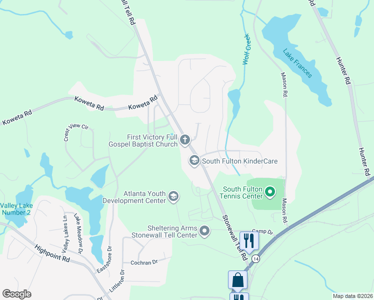 map of restaurants, bars, coffee shops, grocery stores, and more near 5485 Stonewall Tell Road in College Park