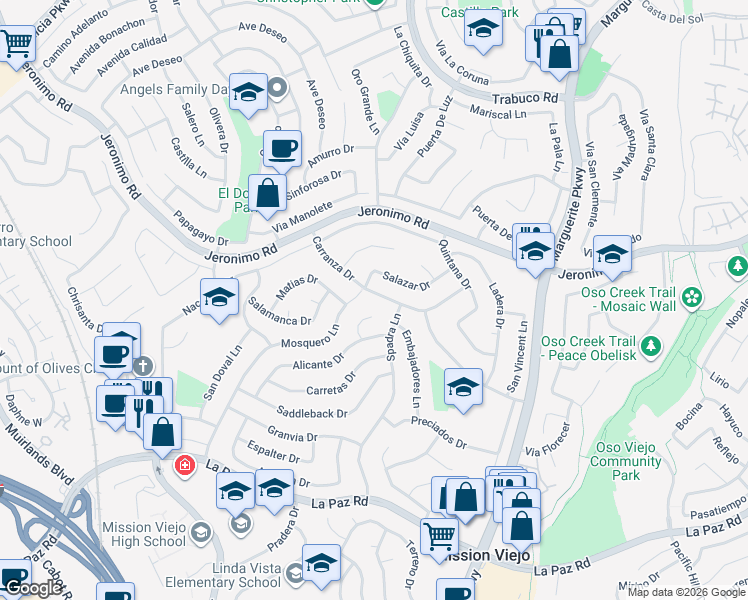 map of restaurants, bars, coffee shops, grocery stores, and more near 26802 Carranza Drive in Mission Viejo