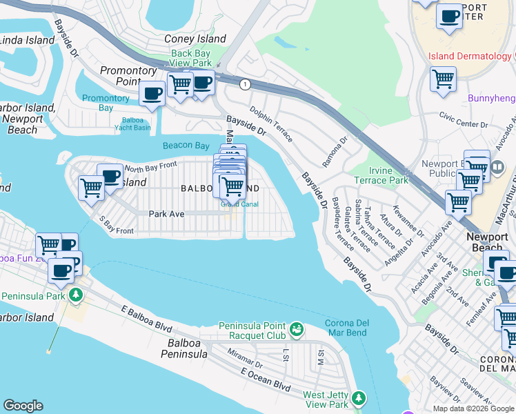 map of restaurants, bars, coffee shops, grocery stores, and more near Abalone Place in Newport Beach