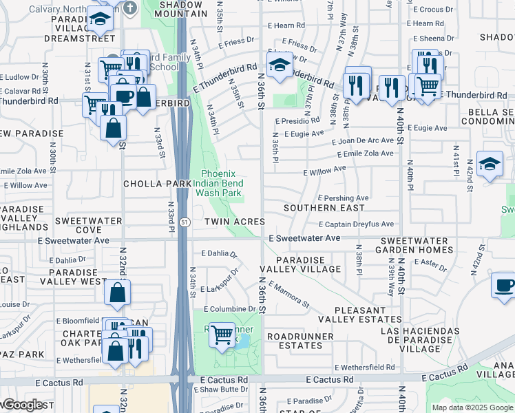 map of restaurants, bars, coffee shops, grocery stores, and more near 13040 North 36th Street in Phoenix