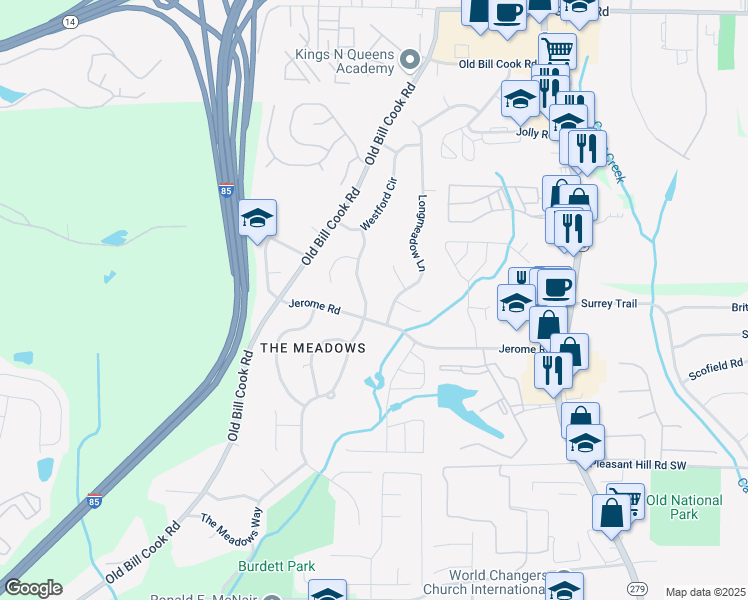 map of restaurants, bars, coffee shops, grocery stores, and more near 5494 Deerfield Trail Southwest in College Park
