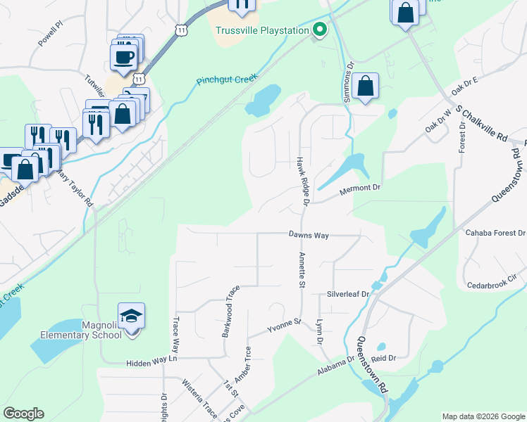 map of restaurants, bars, coffee shops, grocery stores, and more near 6225 Kestral View Road in Trussville