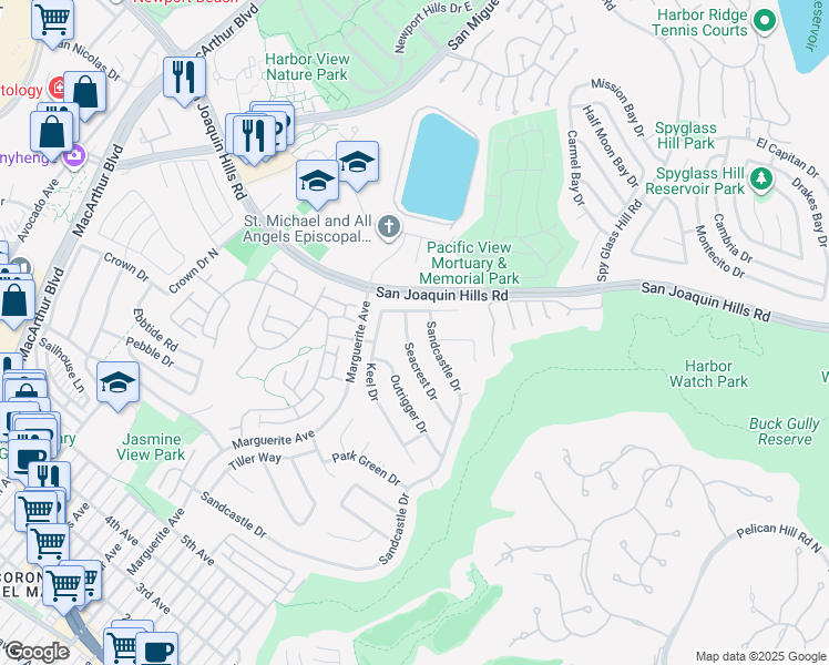 map of restaurants, bars, coffee shops, grocery stores, and more near 1516 Seacrest Drive in Newport Beach