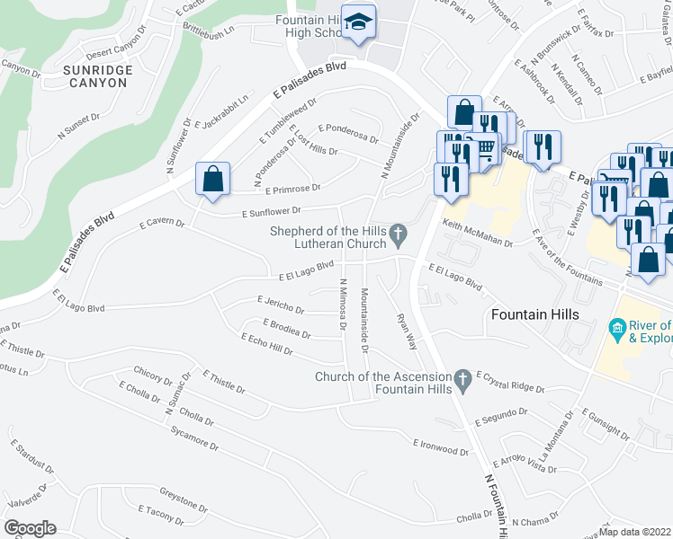 map of restaurants, bars, coffee shops, grocery stores, and more near 16007 East El Lago Boulevard in Fountain Hills