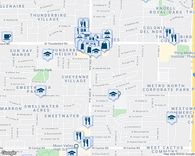 map of restaurants, bars, coffee shops, grocery stores, and more near 13219 North 34th Drive in Phoenix