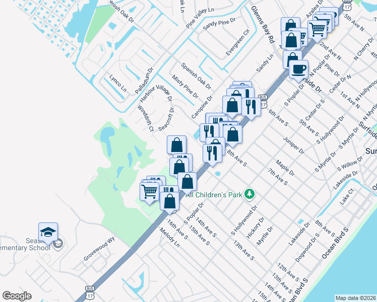 map of restaurants, bars, coffee shops, grocery stores, and more near 910 U.S. 17 Business in Surfside Beach