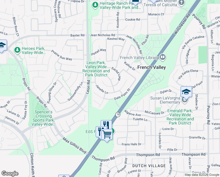 map of restaurants, bars, coffee shops, grocery stores, and more near 35495 Azalea Circle in Winchester