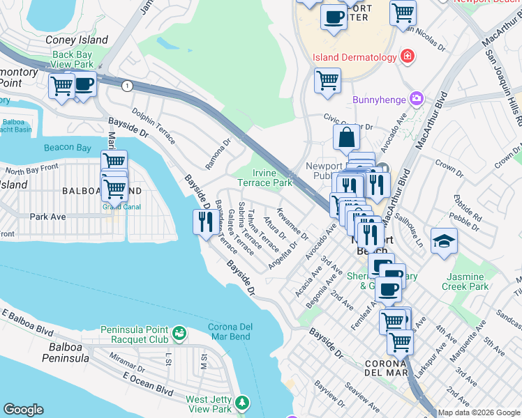 map of restaurants, bars, coffee shops, grocery stores, and more near 1901 Altura Drive in Newport Beach