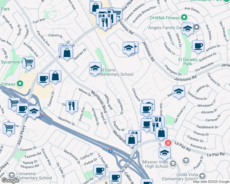 map of restaurants, bars, coffee shops, grocery stores, and more near 24521 Veronica Court in Mission Viejo