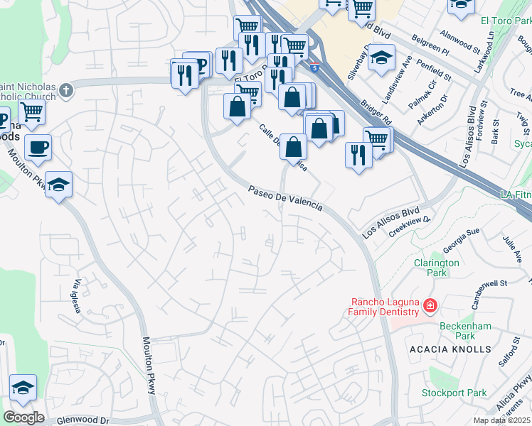 map of restaurants, bars, coffee shops, grocery stores, and more near 124 Via Estrada in Laguna Woods