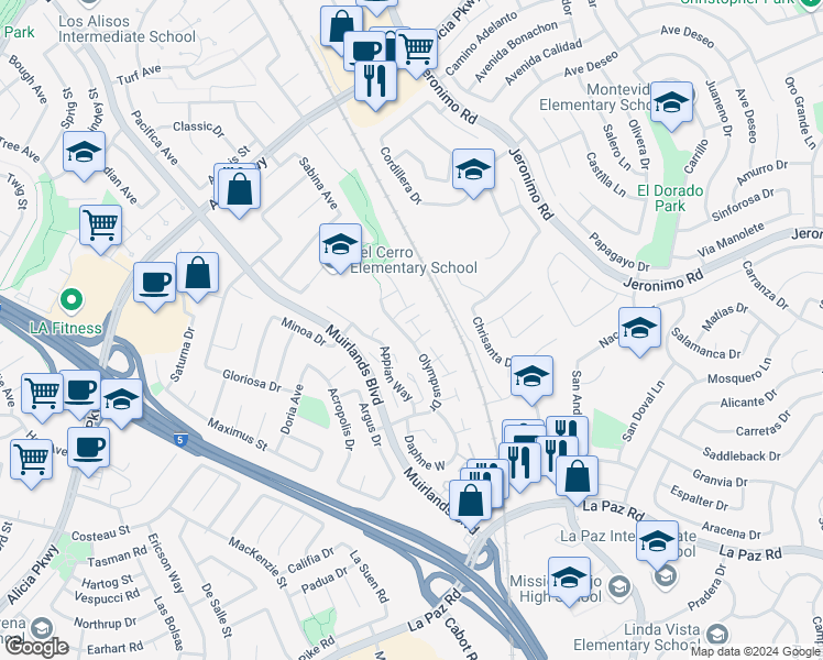 map of restaurants, bars, coffee shops, grocery stores, and more near 24521 Veronica Court in Mission Viejo