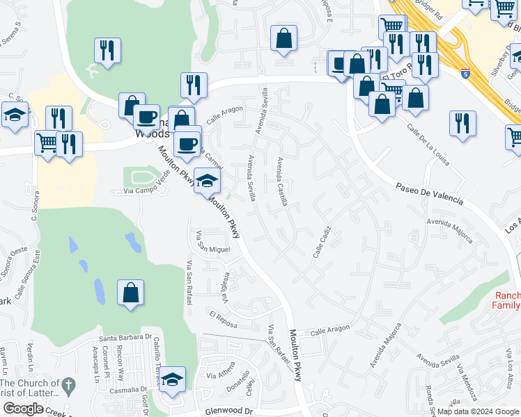 map of restaurants, bars, coffee shops, grocery stores, and more near 364 Avenida Castilla in Laguna Woods