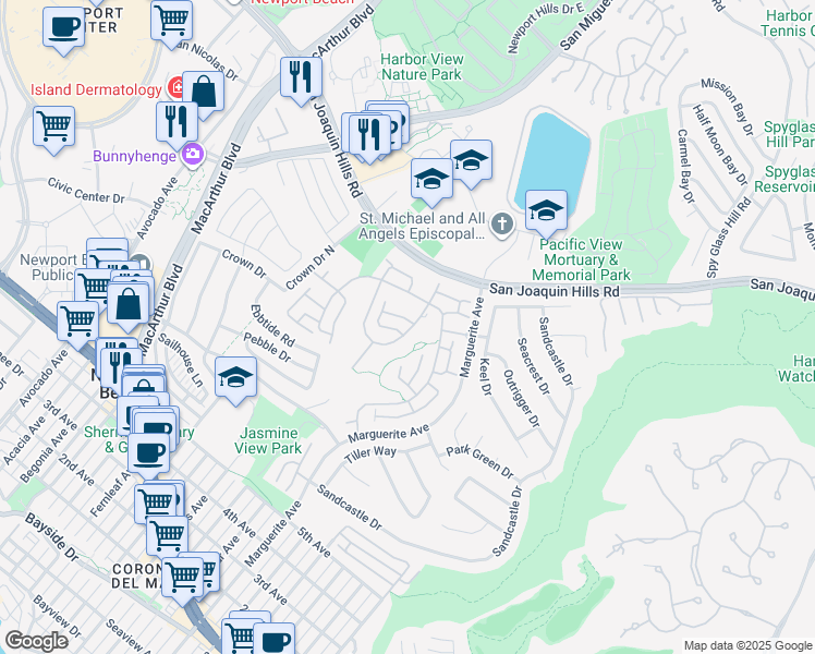 map of restaurants, bars, coffee shops, grocery stores, and more near 15 Sandbar Drive in Newport Beach