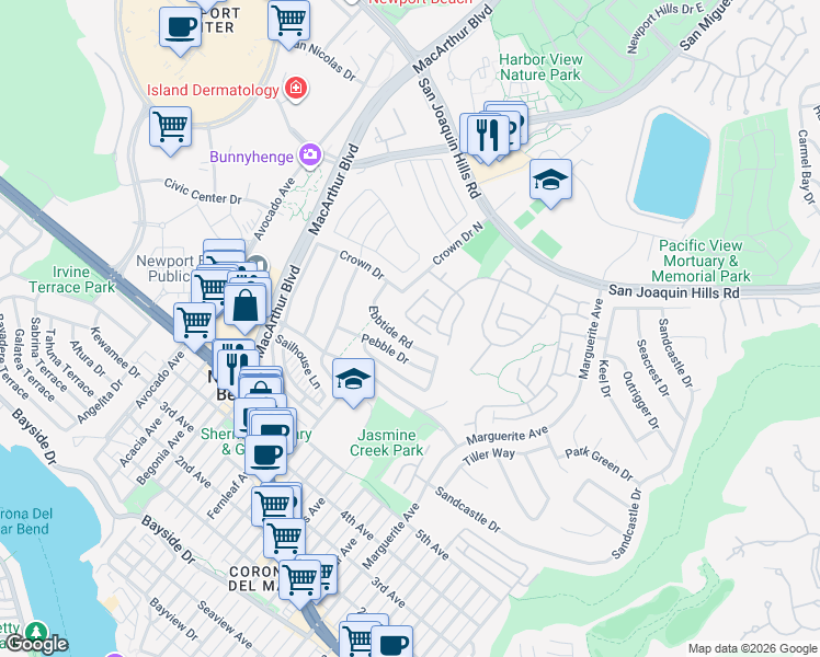 map of restaurants, bars, coffee shops, grocery stores, and more near 11 Beachcomber Drive in Newport Beach
