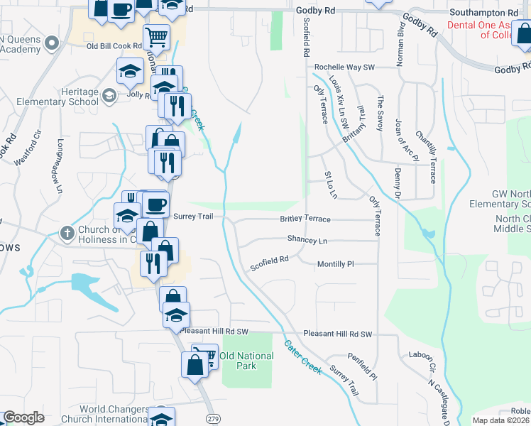 map of restaurants, bars, coffee shops, grocery stores, and more near 2295 Britley Terrace in College Park