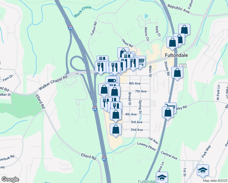 map of restaurants, bars, coffee shops, grocery stores, and more near 3489 Lowery Parkway in Fultondale