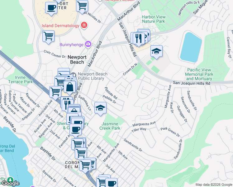 map of restaurants, bars, coffee shops, grocery stores, and more near 11 Beachcomber Drive in Newport Beach