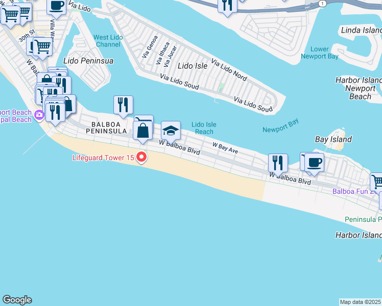 map of restaurants, bars, coffee shops, grocery stores, and more near 1225 West Balboa Boulevard in Newport Beach