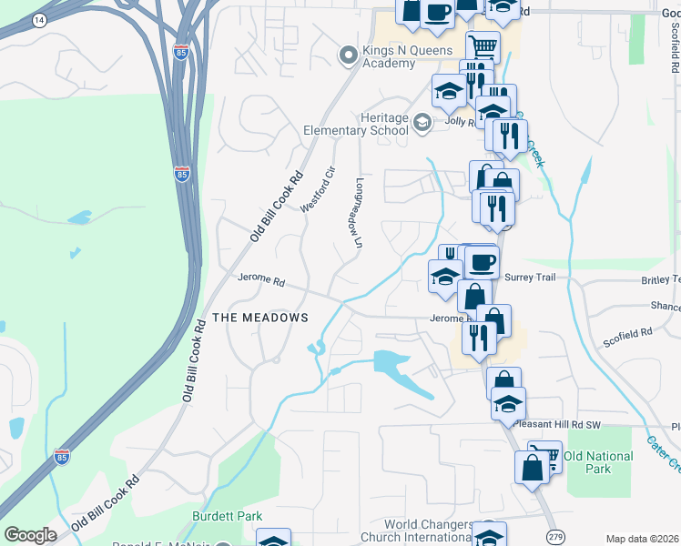 map of restaurants, bars, coffee shops, grocery stores, and more near 2735 Westford Court Southwest in College Park