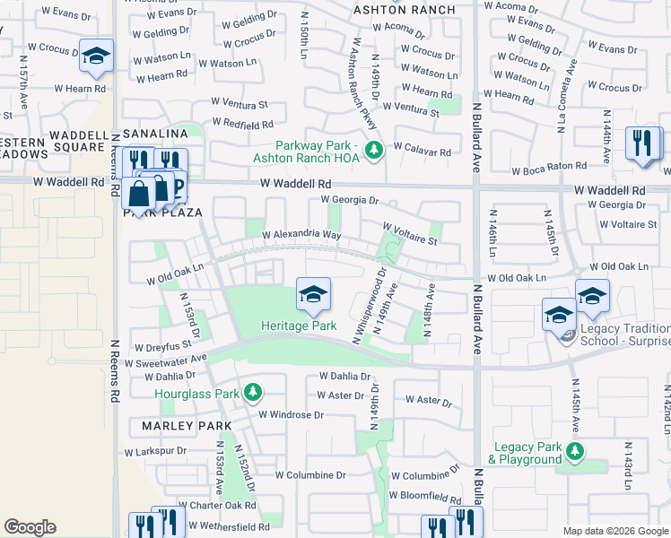 map of restaurants, bars, coffee shops, grocery stores, and more near 15025 West Old Oak Lane in Surprise