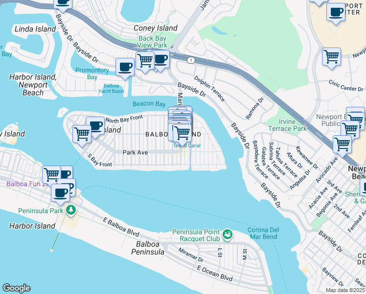 map of restaurants, bars, coffee shops, grocery stores, and more near 206 Marine Avenue in Newport Beach