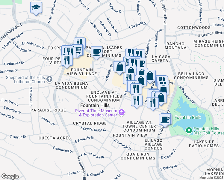 map of restaurants, bars, coffee shops, grocery stores, and more near 16550 East Avenue of the Fountains in Fountain Hills