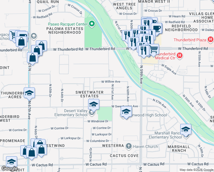 map of restaurants, bars, coffee shops, grocery stores, and more near 6118 West Pershing Avenue in Glendale