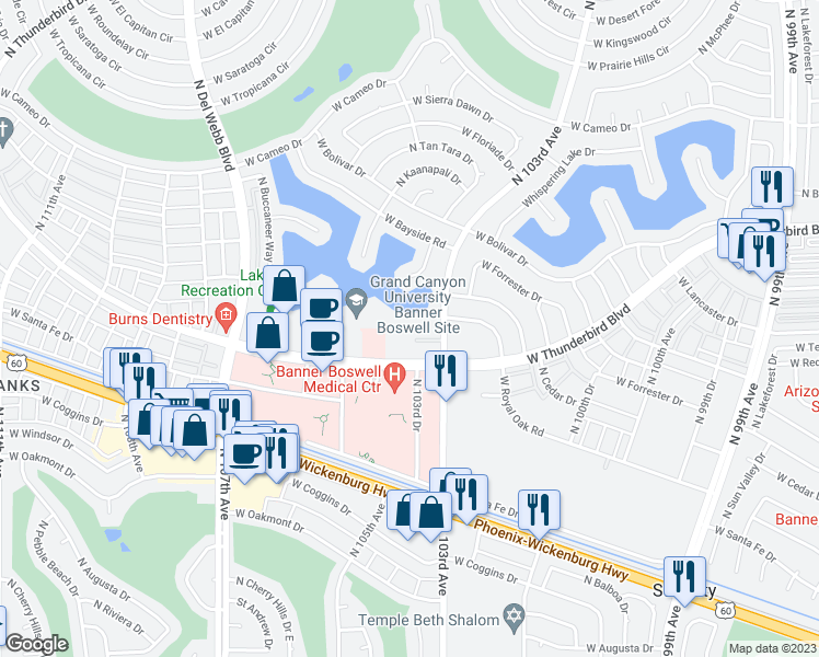 map of restaurants, bars, coffee shops, grocery stores, and more near 10330 West Thunderbird Boulevard in Sun City