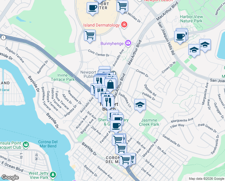 map of restaurants, bars, coffee shops, grocery stores, and more near 800 - 984 Avocado Avenue in Newport Beach