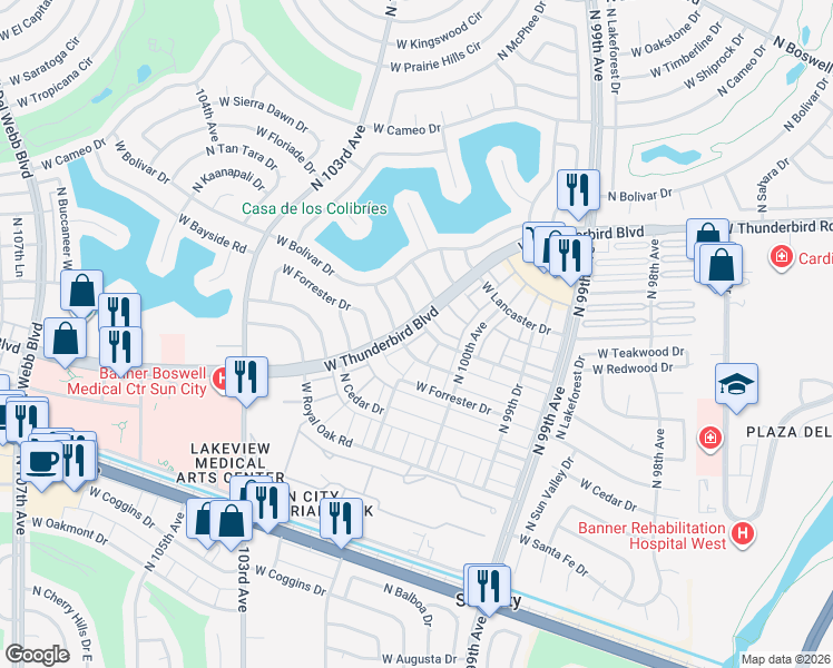 map of restaurants, bars, coffee shops, grocery stores, and more near 10055 West Thunderbird Boulevard in Sun City