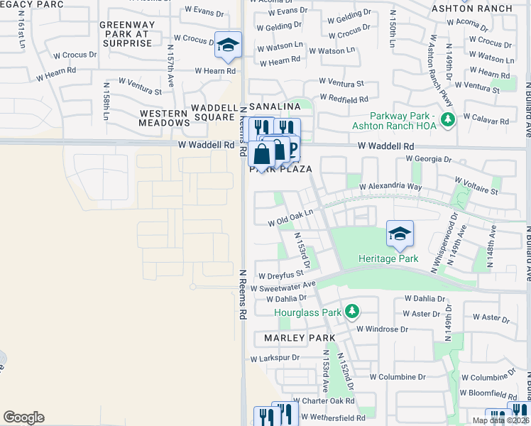 map of restaurants, bars, coffee shops, grocery stores, and more near 15389 West Alexandria Way in Surprise