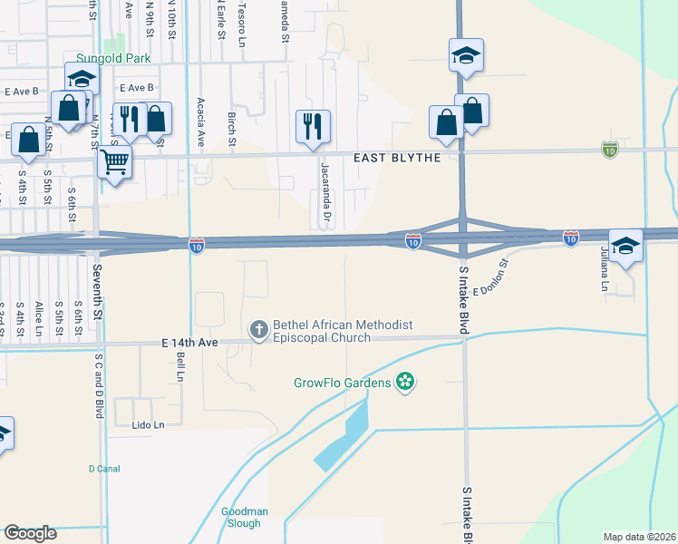 map of restaurants, bars, coffee shops, grocery stores, and more near 352 Cottonwood Lane in Blythe