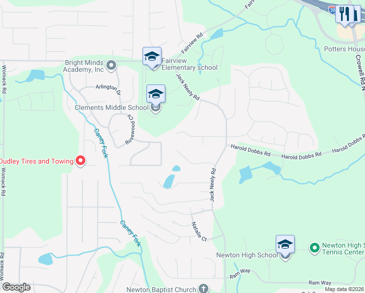map of restaurants, bars, coffee shops, grocery stores, and more near 110 Windsong Drive in Covington