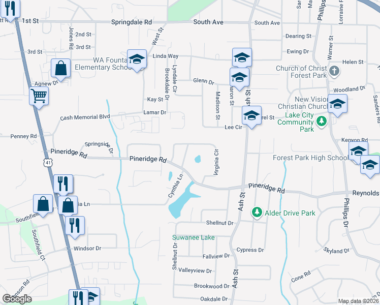 map of restaurants, bars, coffee shops, grocery stores, and more near 5445 Joyce Drive in Forest Park