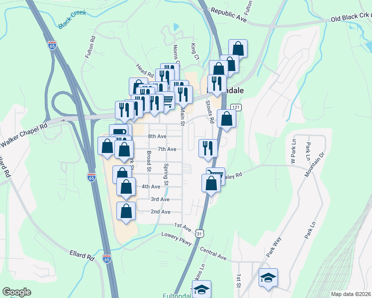 map of restaurants, bars, coffee shops, grocery stores, and more near 1204 7th Avenue in Fultondale
