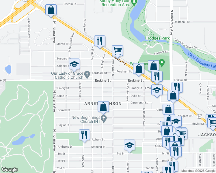 map of restaurants, bars, coffee shops, grocery stores, and more near 2912 Emory Street in Lubbock