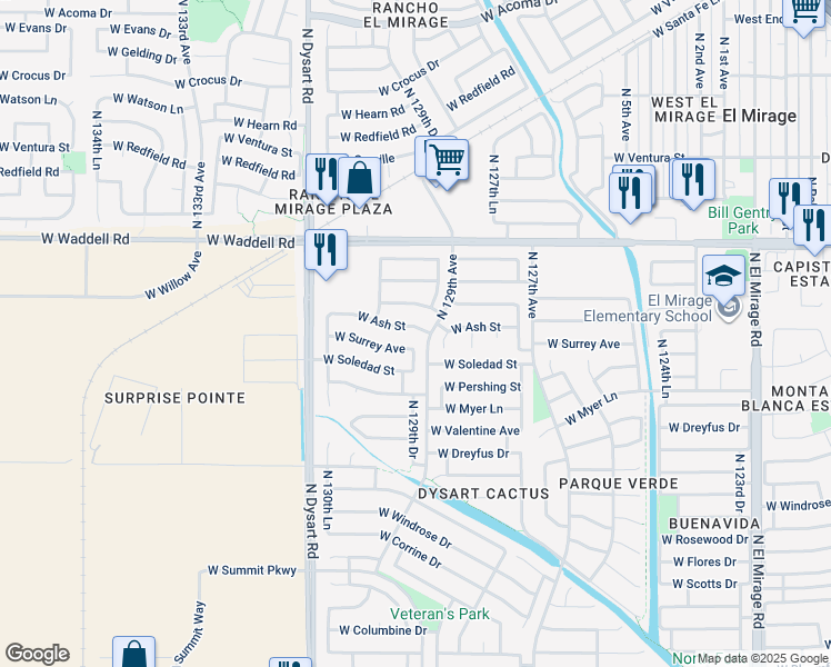 map of restaurants, bars, coffee shops, grocery stores, and more near 12909 West Ash Street in El Mirage